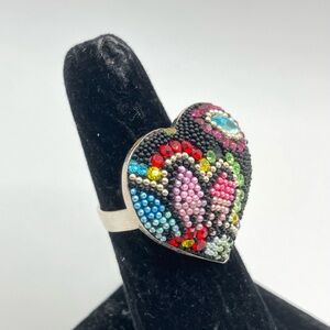 Mexico Beaded Heart Ring Folk Art Style Multicolor